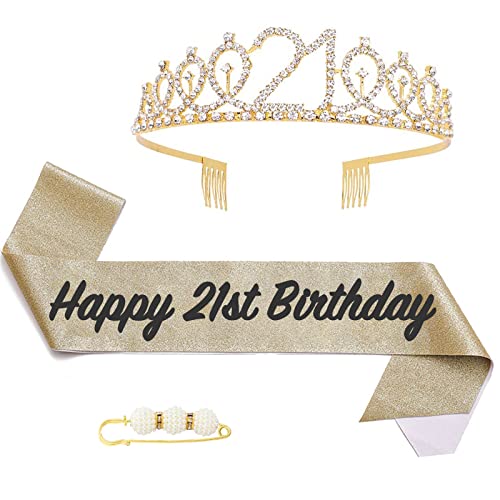 POPOYU 21 Geburtstag Krone und Schärpe,Krone 21. Geburtstag Frauen,21.Geburtstag Tiara Goldfarben,krone 21.,21 Jahre Geburtstag Mädchen Kopfbedeckung für Geburtstagsgeschenk Partyzubehör von POPOYU