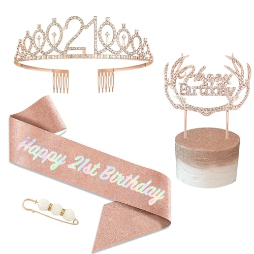 POPOYU 21 Geburtstag Krone und Schärpe Roségold,Krone 21.Geburtstag,21. Geburtstag Schärpe und Tiara Kristall Kuchenaufsätze Kit,Krone 21 Geburtstag Frauen für Geburtstag Geschenk Partyzubehör Dekor von POPOYU