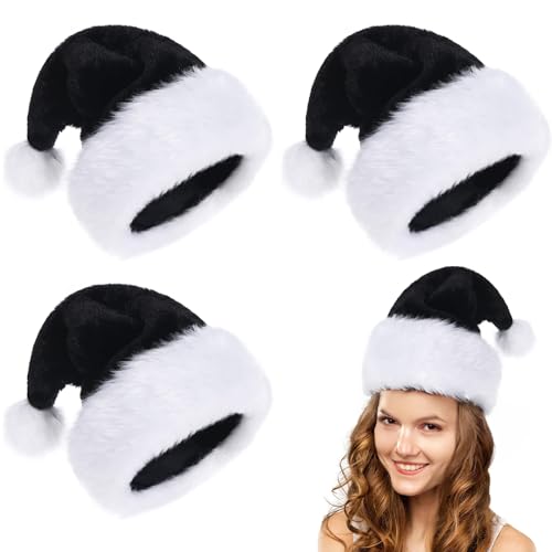 POPOYU 3 Stück Weihnachtsmütze, schwarze Weihnachtsmütze, flauschige Weihnachtsmannmütze für Weihnachtsfeier 3P von POPOYU