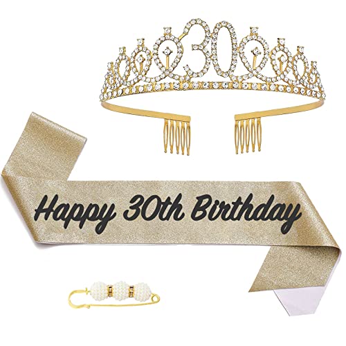 POPOYU 30 Geburtstag Krone und Schärpe,Krone 30. Geburtstag Frauen,30.Geburtstag Tiara Goldfarben,krone 30.,30 Jahre Geburtstag Mädchen Kopfbedeckung für Geburtstagsgeschenk Partyzubehör von POPOYU
