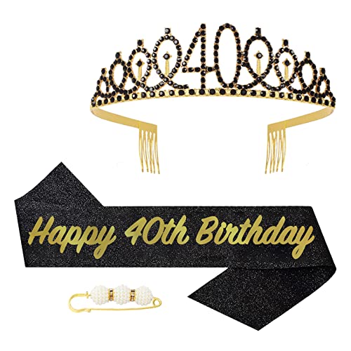 POPOYU 40 Geburtstag Krone und Schärpe,Krone 40. Geburtstag Frauen,40.Geburtstag Tiara Schwarz Gold,krone 40.,40 Jahre Geburtstag Mädchen Kopfbedeckung für Geburtstagsgeschenk Partyzubehör von POPOYU