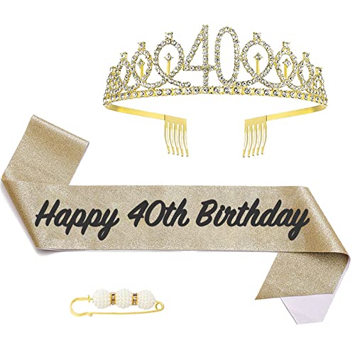 POPOYU 40 Geburtstag Krone und Schärpe,Krone 40. Geburtstag Frauen,40.Geburtstag Tiara Goldfarben,krone 40.,40 Jahre Geburtstag Mädchen Kopfbedeckung für Geburtstagsgeschenk Partyzubehör von POPOYU