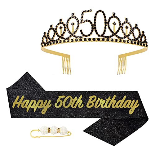 POPOYU 50 Geburtstag Krone und Schärpe,Krone 50. Geburtstag Frauen,50.Geburtstag Tiara Schwarz Gold,krone 50.,50 Jahre Geburtstag Mädchen Kopfbedeckung für Geburtstagsgeschenk Partyzubehör von POPOYU