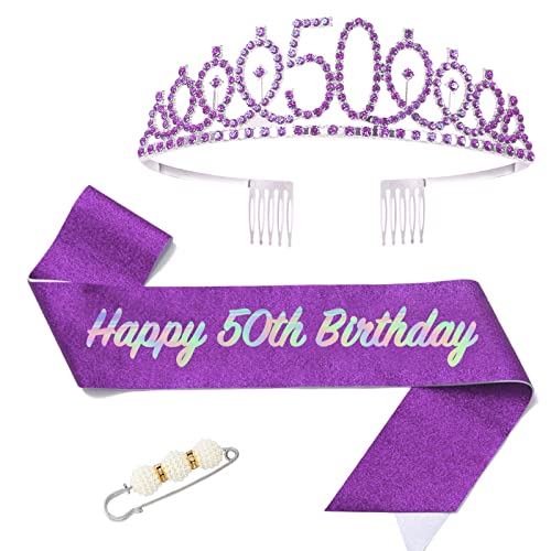 POPOYU 50. Fabulous Geburtstags-Krone Schärpe Set Lila Tiara Krone Geburtstags Krone für 50. Geburtstag Deko,Prinzessin Kronen Haar-Zusätze für Frauen Geburtstagsgeschenk Partyzubehör von POPOYU