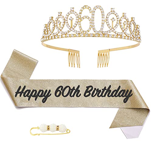 POPOYU 60 Geburtstag Krone und Schärpe,Krone 60. Geburtstag Frauen,60.Geburtstag Tiara Goldfarben,krone 60.,60 Jahre Geburtstag Mädchen Kopfbedeckung für Geburtstagsgeschenk Partyzubehör von POPOYU