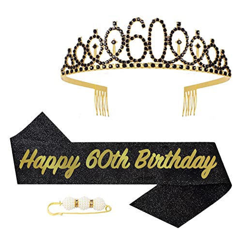 POPOYU 60 Geburtstag Krone und Schärpe,Krone 60. Geburtstag Frauen,60.Geburtstag Tiara Schwarz Gold,krone 60.,60 Jahre Geburtstag Mädchen Kopfbedeckung für Geburtstagsgeschenk Partyzubehör von POPOYU