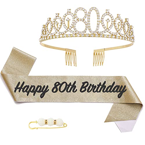 POPOYU 80 Geburtstag Krone und Schärpe,Krone 80. Geburtstag Frauen,80.Geburtstag Tiara Goldfarben,krone 80.,80 Jahre Geburtstag Mädchen Kopfbedeckung für Geburtstagsgeschenk Partyzubehör von POPOYU