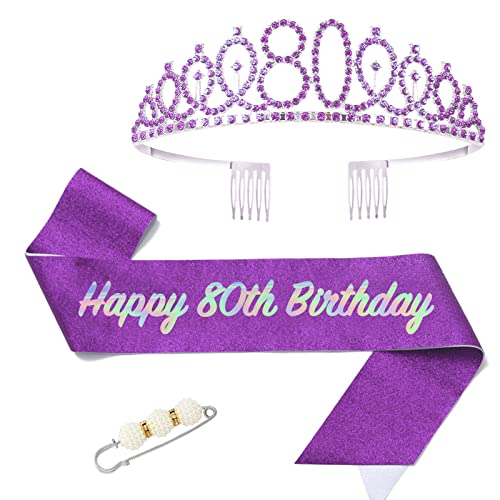 POPOYU 80 Geburtstag Krone und Schärpe,Krone 80. Geburtstag Frauen,80.Geburtstag Tiara Lila,krone 80.,80 Jahre Geburtstag Mädchen Kopfbedeckung für Geburtstagsgeschenk Partyzubehör von POPOYU