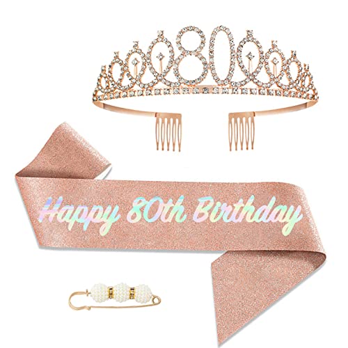 POPOYU 80 Geburtstag Krone und Schärpe,Krone 80. Geburtstag Frauen,80.Geburtstag Tiara Roségold,krone 80.,80 Jahre Geburtstag Mädchen Kopfbedeckung für Geburtstagsgeschenk Partyzubehör von POPOYU
