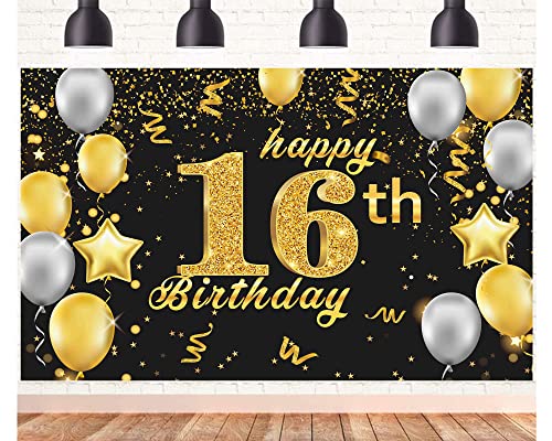 POPOYU Banner 16 Geburtstag Frau XXL,16. Geburtstag Banner Gold Schwarz,Geburtstagsplakat 16 Jahre,16. Geburtstag.Mann Banner&Groß,Deko 16Geburtstag Banner.für Männer Frauen Geburtstagsfeier von POPOYU