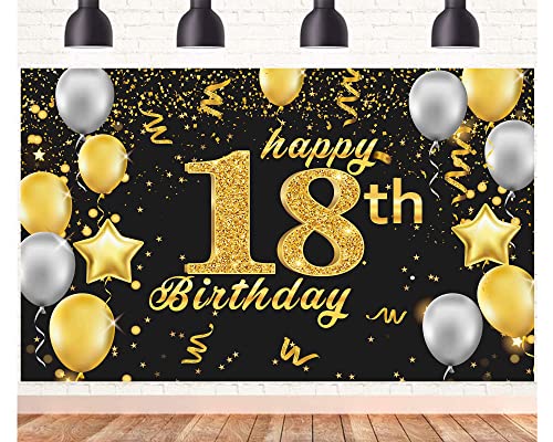 POPOYU Banner 18 Geburtstag Frau XXL,18. Geburtstag Banner Gold Schwarz,Geburtstagsplakat 18 Jahre,18. Geburtstag.Mann Banner&Groß,Deko 18Geburtstag Banner.für Männer Frauen Geburtstagsfeier von POPOYU