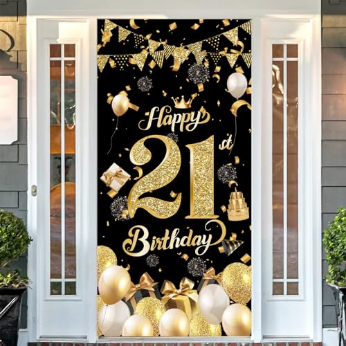 POPOYU Banner 21 Geburtstag Mann,Banner 21. Geburtstag Schwarz Gold,Türbanner 21.Geburtstags,Deko 21.Geburtstags Mann und Frauen,Poster Hintergrund für Geburtstagsbanner, Hintergrunddekorationen von POPOYU