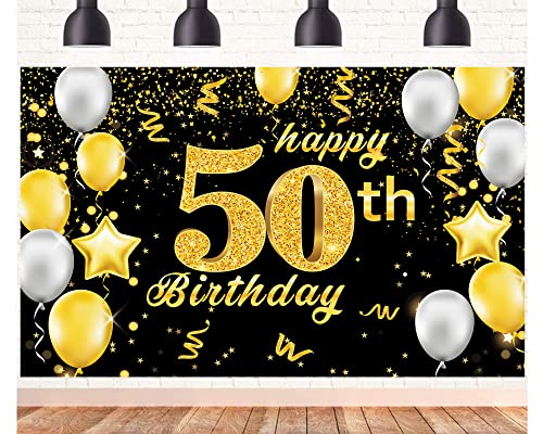 POPOYU Banner 50 Geburtstag Frau XXL,50. Geburtstag Banner Gold Schwarz,Geburtstagsplakat 50 Jahre,50. Geburtstag.Mann Banner&Groß,Deko 50Geburtstag Banner.für Männer Frauen Geburtstagsfeier von POPOYU