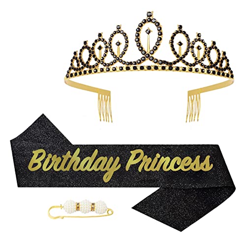POPOYU Birthday Prinzessin Krone und Schärpe,Sweet Birthday Krone mädchen,Geburtstag Tiara Schwarz Gold,deko Geburtstag Schärpe,Geburtstag mädchen Kopfbedeckung für Geburtstagsgeschenk Partyzubehör von POPOYU