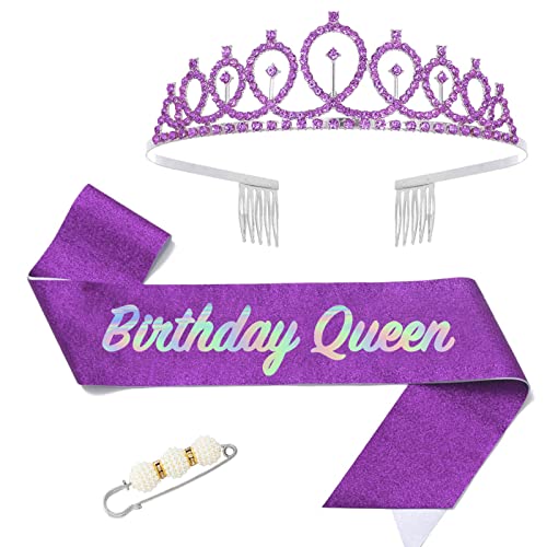 POPOYU Birthday Queen Krone und Schärpe,Sweet Birthday Krone Frauen,Geburtstag Tiara Lila,deko Geburtstag Schärpe,Geburtstag Frau Kopfbedeckung für Geburtstagsgeschenk Partyzubehör von POPOYU
