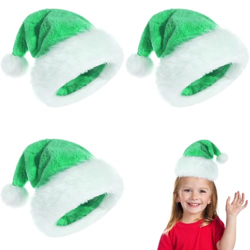 POPOYU 3 Stück Weihnachtsmütze Nikolausmütze Kinder,Weihnachtsmann Kostüm Nikolausmütze,grün Mütze Dicker Plüsch Fellrand aus Plüsch Nikolaus,Weihnachtsmann Mütze für Herren/Damen von POPOYU
