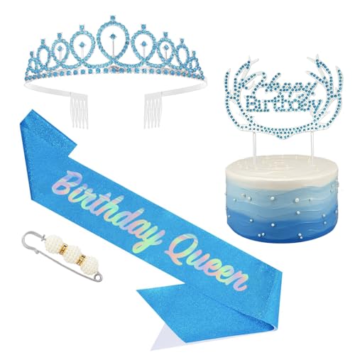 POPOYU Frauen Geburtstag Krone und Schärpe Blau,Krone Frauen Geburtstag,Schärpe und Tiara Kristall Kuchenaufsätze Kit,Krone Königin Geburtstag Mädchen für Geburtstag Geschenk Partyzubehör Dekor von POPOYU