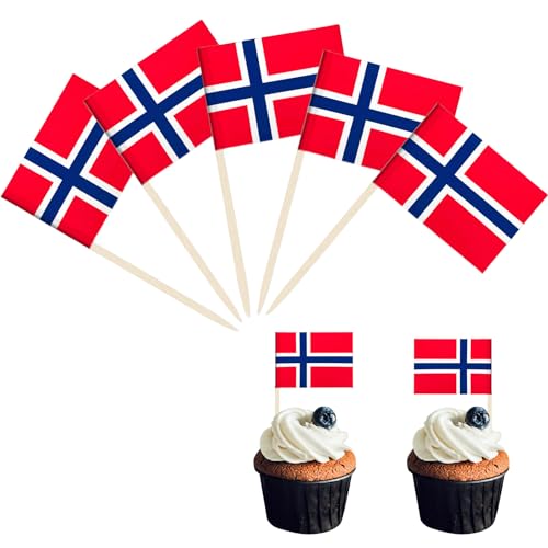 POPOYU 100 St Norwegen Fahne Zahnstocher,Flaggenpicker Norwegen,NorwegenFlagge Klein für NorwegenParty Deko,Aufkleber Flagge,Flaggen Zahnstocher Welt für Eurovision Contest,Olympische Cupcake Topper von POPOYU