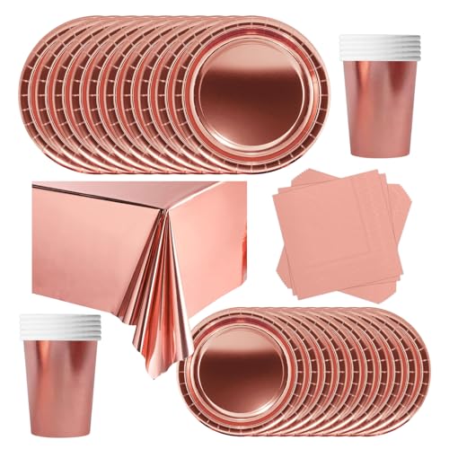 POPOYU Partygeschirr Kindergeburtstag Roségold,69 Stück Geburtstagsparty Geschirr Pappteller Set,Tischdecke Papier Tassen Teller Servietten zum Weihnachten,Geburtstag,Hochzeiten,Jubiläums(16 Gäste) von POPOYU