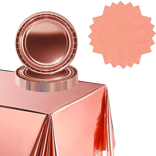POPOYU Partygeschirr Set Roségold,37 Stück Roségold Party Geschirr Liefert Pappteller Servietten Tischdecke Roségold Partygeschirr Set für Geburtstagsparty Dekoration,Weihnachten,Hochzeit Party Deko von POPOYU