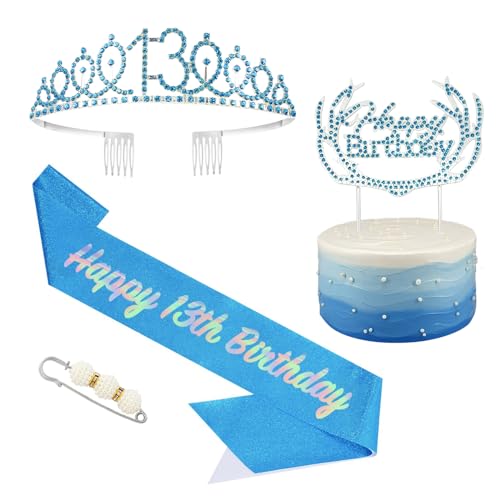 POPOYU Mädchen Geburtstag Krone und Schärpe Blau,Krone Mädchen Geburtstag,Schärpe und Tiara Kristall Kuchenaufsätze Kit,Krone Prinzessin Geburtstag Mädchen für Geburtstag Geschenk Partyzubehör Dekor von POPOYU