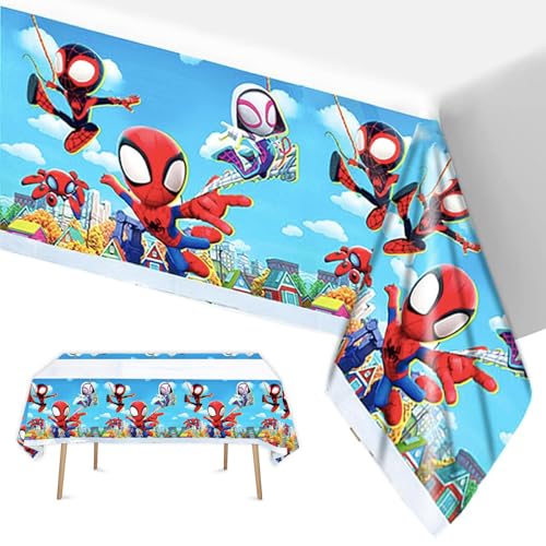 POPOYU Spideman Tischdecke, 137x274cm Tischdecke mit Cartoon Hintergrund, Blaue Spideman Tischdecke für Geburtstagsparty Dekoration, Spideman Geburtstags Mottoparty Kostümparty für Kinder Party von POPOYU