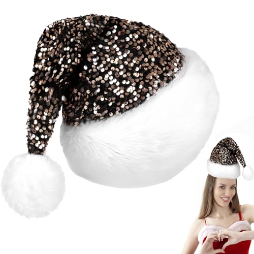 POPOYU Weihnachtsmütze Pailletten, Champagner, flauschige Weihnachtsmannmütze für die Weihnachtsfeier Pailletten1P von POPOYU