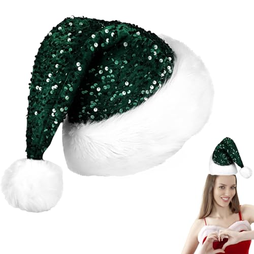 POPOYU Weihnachtsmütze mit Pailletten, grün, flauschige Weihnachtsmannmütze für die Weihnachtsfeier, Pailletten1P von POPOYU