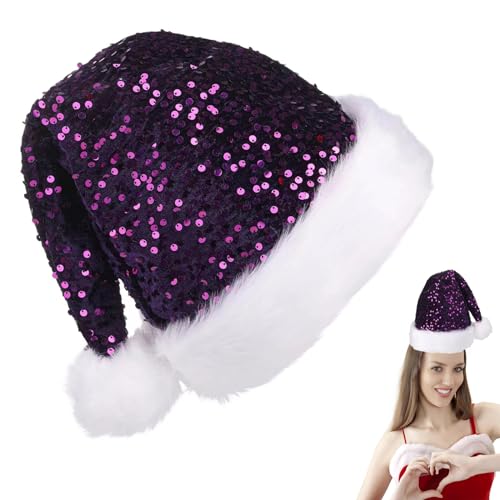 POPOYU Weihnachtsmütze mit Pailletten, lila Weihnachtsmütze, flauschige Weihnachtsmannmütze für die Weihnachtsfeier, Pailletten1P von POPOYU
