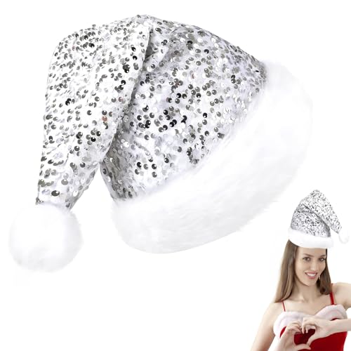 POPOYU Weihnachtsmütze mit Pailletten, silberfarben, flauschige Weihnachtsmannmütze für die Weihnachtsfeier, Pailletten1P von POPOYU