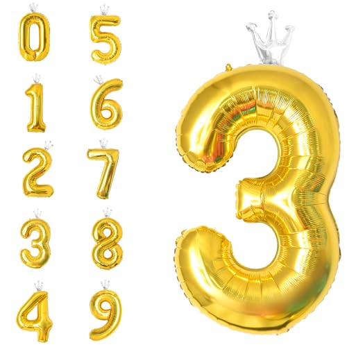 POPOYU Zahlen Luftballon Folienballon 3 Groß,40'' XXL Gold Zahlenballon 3. Geburtstag,Helium Ballons Zahlen Stehender Ballon für 3 Jahre Jungen Mädchen Geburtstags Hochzeit Jubiläum Party Deko von POPOYU