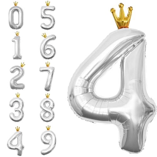 POPOYU Zahlen Luftballon Folienballon 4 Groß,40'' XXL Silber Zahlenballon 4. Geburtstag,Helium Ballons Zahlen Stehender Ballon für 4 Jahre Jungen Mädchen Geburtstags Hochzeit Jubiläum Party Deko von POPOYU