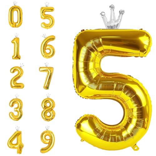 POPOYU Zahlen Luftballon Folienballon 5 Groß,40'' XXL Gold Zahlenballon 5. Geburtstag,Helium Ballons Zahlen Stehender Ballon für 5 Jahre Jungen Mädchen Geburtstags Hochzeit Jubiläum Party Deko von POPOYU
