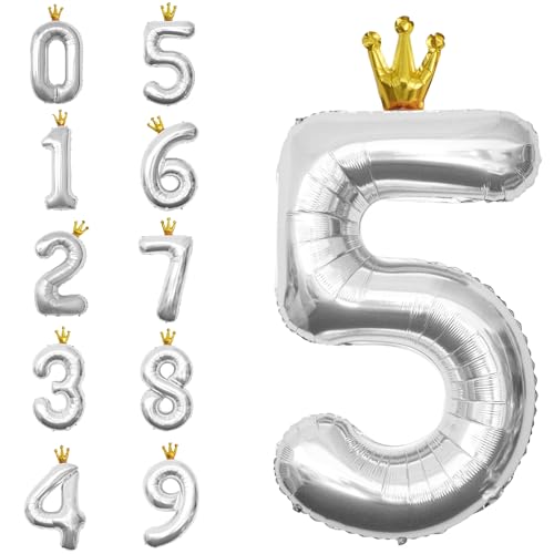 POPOYU Zahlen Luftballon Folienballon 5 Groß,40'' XXL Silber Zahlenballon 5. Geburtstag,Helium Ballons Zahlen Stehender Ballon für 5 Jahre Jungen Mädchen Geburtstags Hochzeit Jubiläum Party Deko von POPOYU