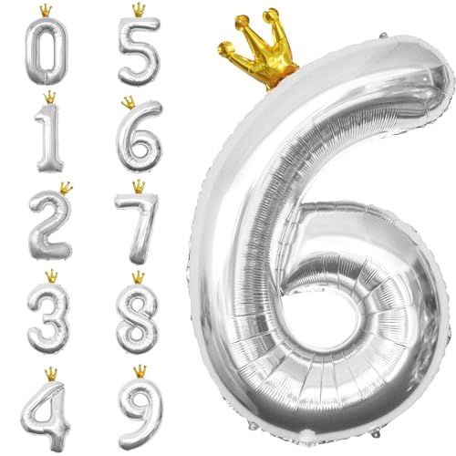 POPOYU Zahlen Luftballon Folienballon 6 Groß,40'' XXL Silber Zahlenballon 6. Geburtstag,Helium Ballons Zahlen Stehender Ballon für 6 Jahre Jungen Mädchen Geburtstags Hochzeit Jubiläum Party Deko von POPOYU