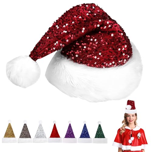 Pailletten Weihnachtsmütze Nikolausmütze Erwachsene Plüsch,Plüsch Nikolausmütze mit doppeltem Samt für Weihnachtsfeiern,Bequemes Dicker Klassischer Nikolausmütze für festliche Partys im neuen Jahr von POPOYU