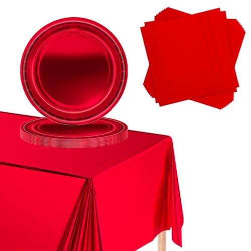 Partygeschirr Kindergeburtstag Rot,69 Stück Geburtstagsparty Geschirr Pappteller Set,Tischdecke Papier Tassen Teller Servietten zum Weihnachten,Geburtstag,Hochzeiten,Jubiläums(16 Gäste) von POPOYU