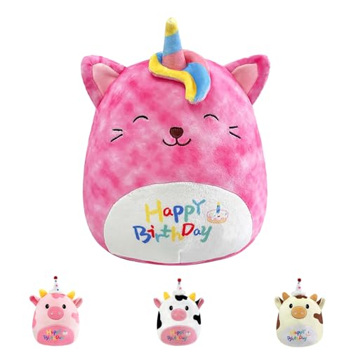 Rosa Happy Birthday Plüschtier, Geburtstag Kuscheltier Katze, Stofftier Kawaii 20CM Einhorn Kuscheltier, Cartoon Plüschkissen Kinder Spielzeug Wurfkissen Geschenk Körperkissen für Jungen Mädchen von POPOYU