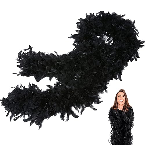 Schwarz Federboa,Boa für Damen und Mädchen,80g 2m/6.6ft Natürliche Truthah Feder-Boa,Schwarz Federboa Halt für Straßenfasching,Geburtstagsfeier,Konzert,Karneval,Tischdeko, Halloween,Weihnachtsfeier von POPOYU