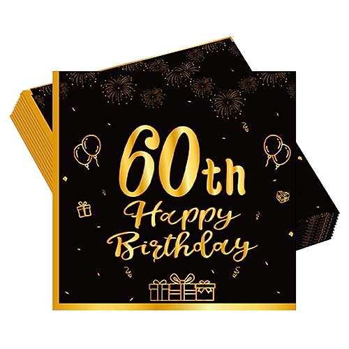 Schwarz Gold 60. Geburtstag Party Servietten 20 Stück 60. Geburtstag Deko Servietten mit Hochwertige Papier 33x33cm Geburtstagsservietten für Manner Frauen 60. Geburtstag Party Tisch-Dekoration von POPOYU