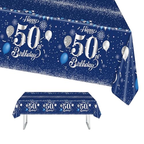 Tischdecke 50 Geburtstag, Happy 50th Birthday Tischdecke Blau Silber Tischdeko Deko 50. Geburtstag für Mann Frau, 137 * 274cm Rechteck Wasserdicht Tischdecke für Alles Gute 50. Geburtstag Tablecloth von POPOYU