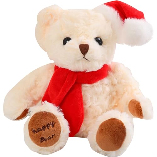 Weihnachten Teddybär Weiß 20cm Weihnachten Kuscheltier Bär Weiches Fell Teddybär Plüsch mit Weihnachtsmütze und Augen Glitter Kapuze Tatzendruck Plüschtier Christmas Kuscheltier Stofftier Geschenk von POPOYU