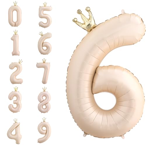 POPOYU Zahlen Luftballon Folienballon 6 Groß,40'' XXL Beige Zahlenballon 6. Geburtstag,Helium Ballons Zahlen Stehender Ballon für 6 Jahre Jungen Mädchen Geburtstags Hochzeit Jubiläum Party Deko von POPOYU