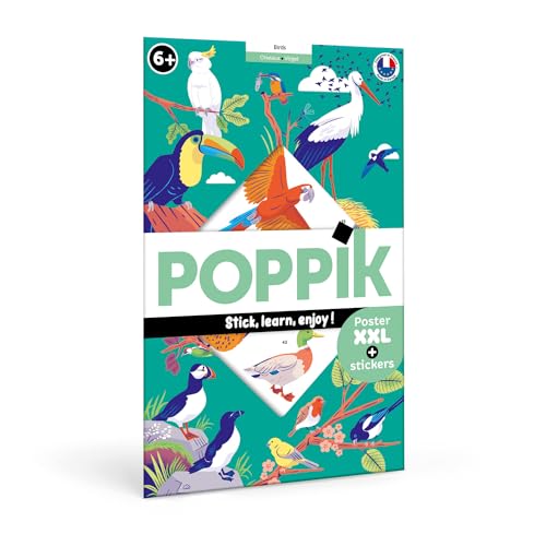 POPPIK 1841149 Sticker-Poster, Vögel, interaktives Lernposter mit Aufklebern, mehrsprachiges Vogelposter, für Kinder ab 6 Jahren, 68 x 100 cm, Farbig von POPPIK