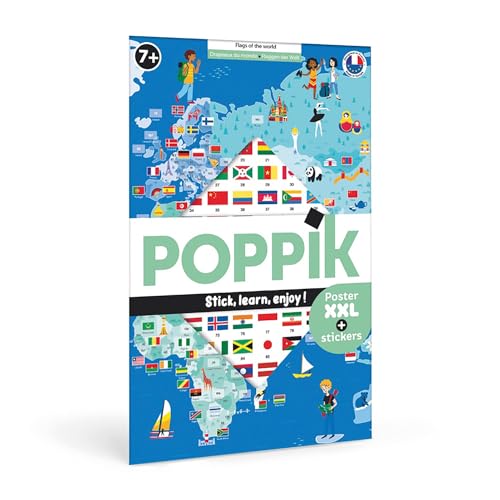 POPPIK 1841223 Sticker-Poster, Flaggen der Welt, interaktives Lernposter mit Aufklebern, mehrsprachige Weltkarte, für Kinder ab 7 Jahren, 68 x 100 cm von POPPIK