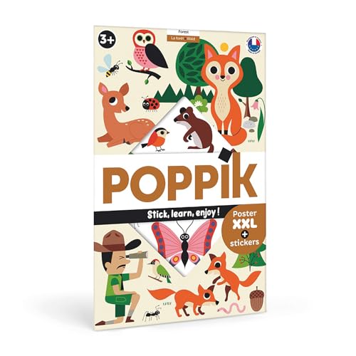 POPPIK 1841224 Sticker-Poster, Wald, interaktives Lernposter mit Aufklebern, mehrsprachiges Tierposter, für Kinder ab 3 Jahren, 68 x 100 cm, Weiß von POPPIK