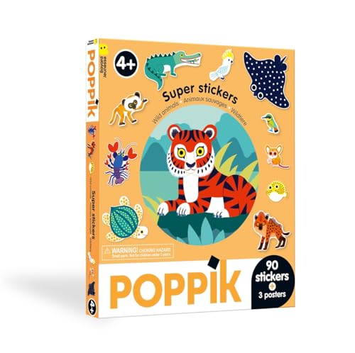 POPPIK 1841279 Sticker-Box, Wildtiere, 3 interaktive Themenposter mit ablösbaren Aufklebern, mehrsprachige Lernposter für Kinder ab 4 Jahren von POPPIK