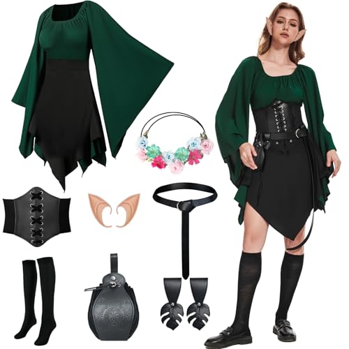 Mittelalter Kleidung Damen Irisches Kleid Dress Renaissance Elfen Cosplay Kostüm set 8pcs mit Elfenohren,Elfenkopfringe, Gürtel, Vintage-Taschen,Rockclips,Overknee Sockenund Ledergürtel.(Schwarz, XS) von PORJDN
