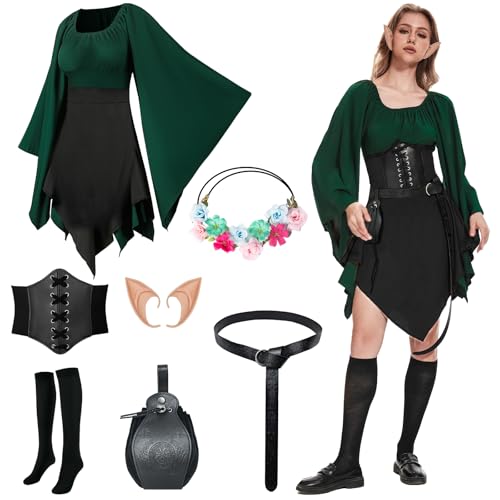 Mittelalter Kleidung Damen Irisches Kleid Dress Renaissance Elfen Cosplay Kostüm set 8pcs mit Elfenohren,Elfenkopfringe, Gürtel, Vintage-Taschen,Rockclips,Overknee Sockenund Ledergürtel.(Schwarz, 3XL) von PORJDN