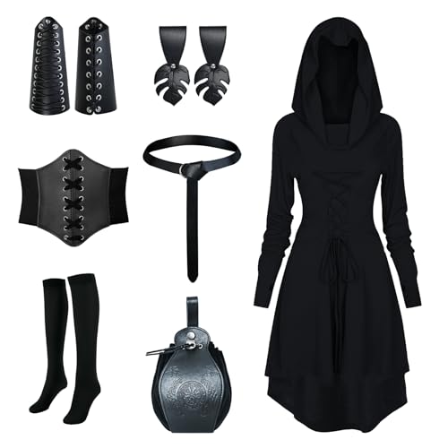 PORJDN Gothic Kleid Set Damen Mittelalter Kleidung Damen Halloween Robe Kapuzenkleid mit Gürtel,Retro Goldmünzenbeutel,Korsett,Overknee Socken,Armschützer,Schürzenklammer.(Schwarz, 2XL) PORJDN Gothic Kleid Set Damen Mittelalter Kleidung Damen Halloween Robe Kapuzenkleid mit Gürtel,Retro Goldmünzenbeutel,Korsett,Overknee Socken,Armschützer,Schürzenklammer.(Schwarz, 2XL) von PORJDN
